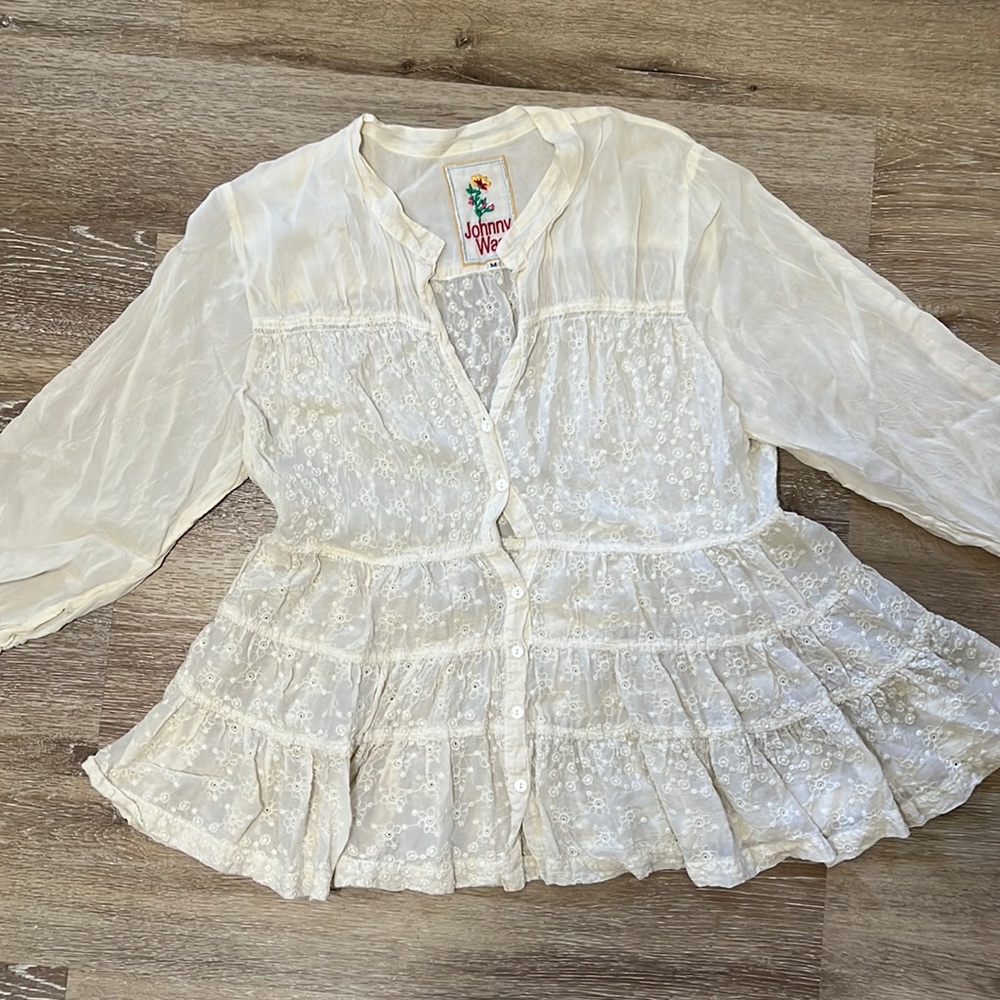Johnny Was eyelet embroidered 100% rayon blouse, size M